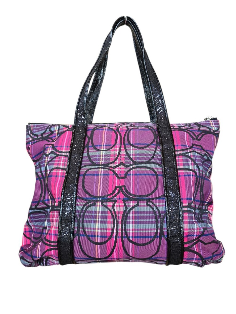 Coach Poppy Tartan Glam Purple Magenta  Black Tote Wristlet 2 Piece Set - Picture 4 of 16